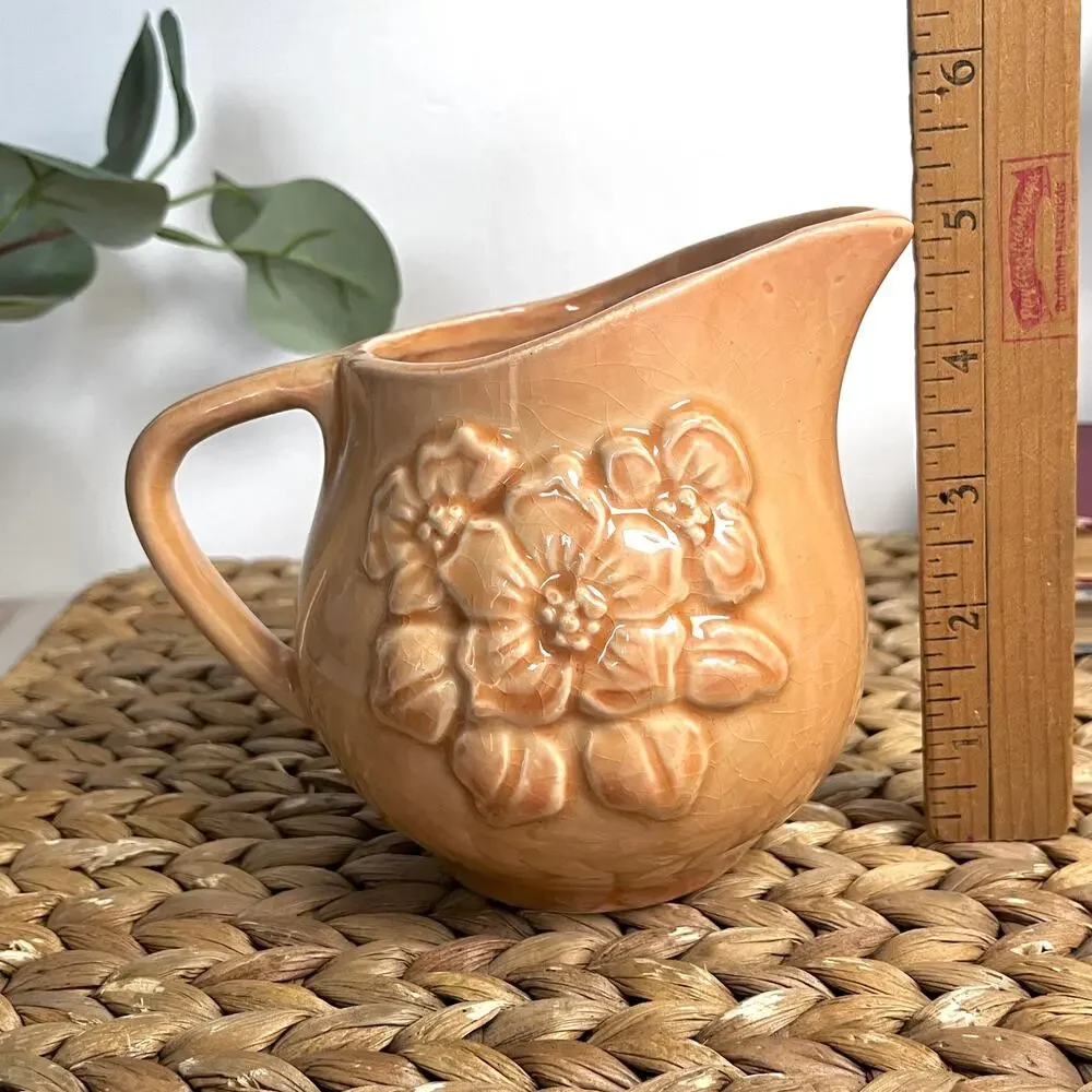 VTG Shawnee Pottery 23F Mini Pitcher Creamer Pastel Nude Peach Embossed Floral